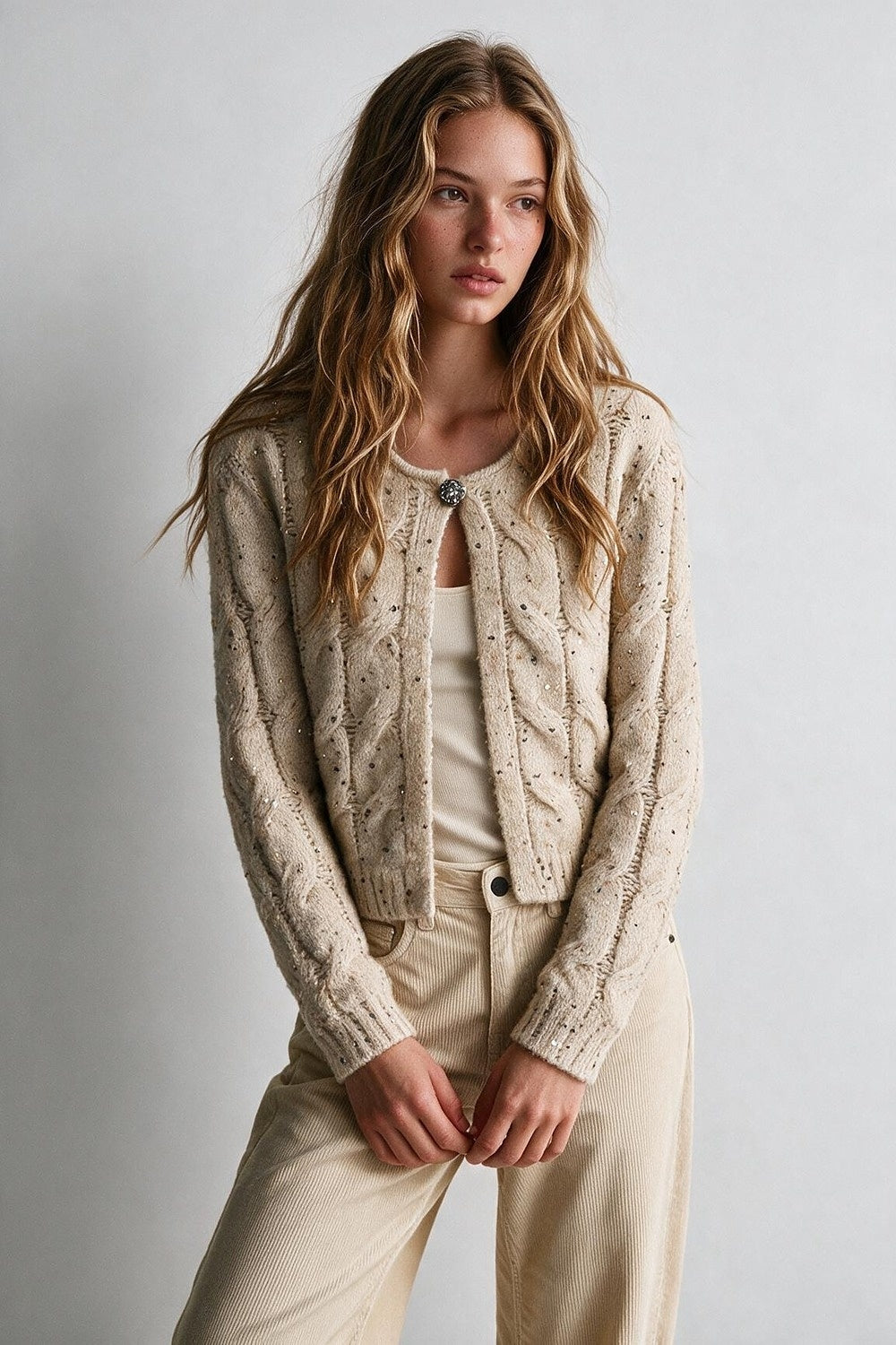 Beige Sequin Chunky Cable Knit Button Cropped Cardigan - Cardigans
