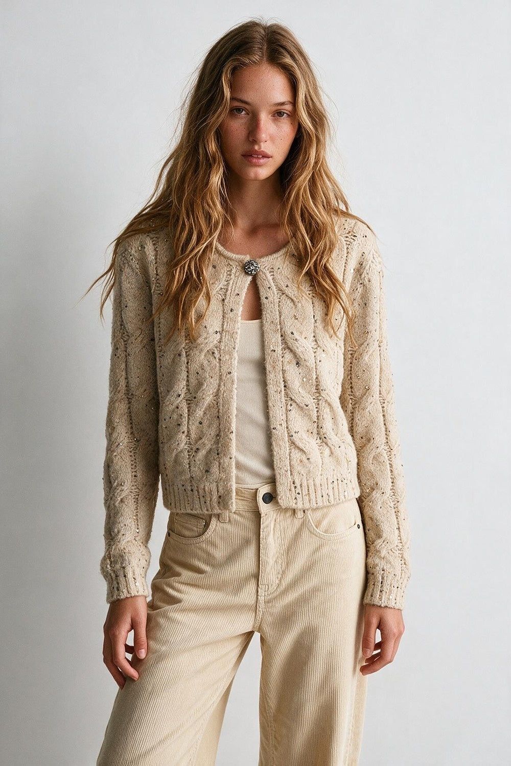Beige Sequin Chunky Cable Knit Button Cropped Cardigan - Cardigans