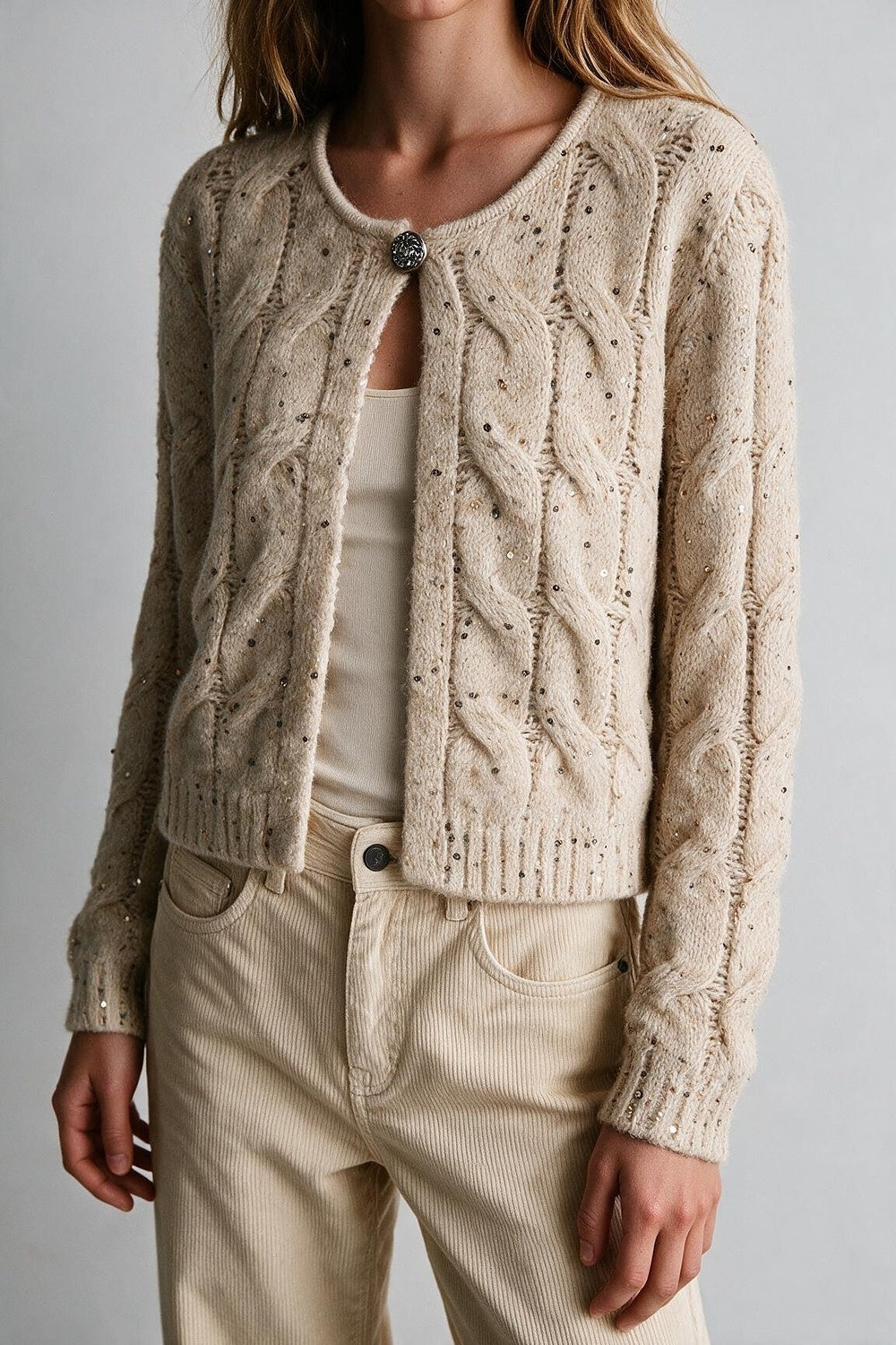 Beige Sequin Chunky Cable Knit Button Cropped Cardigan - Cardigans