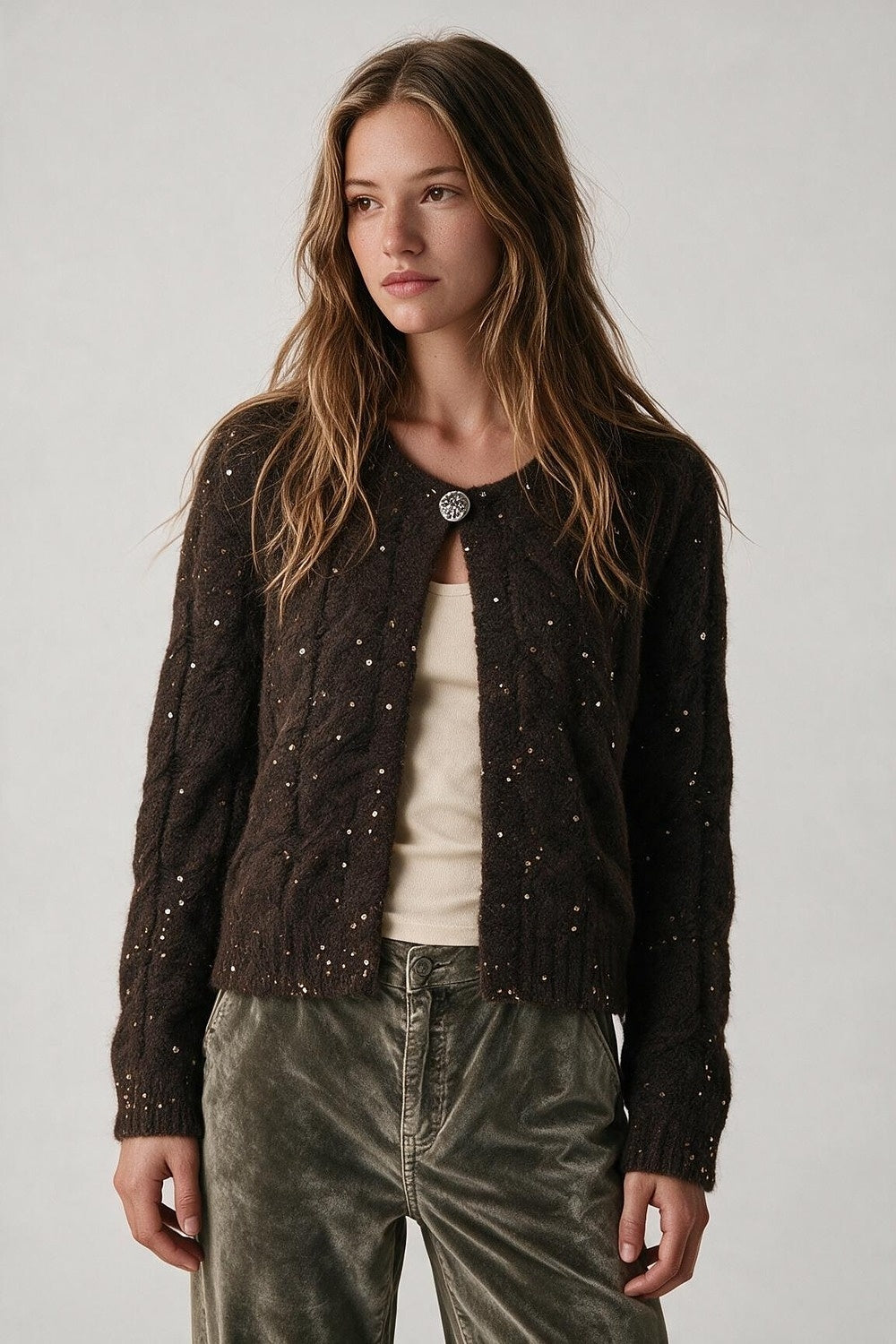 Brown Sequin Faux Mohair Cable Knit Button Cardigan - Cardigans