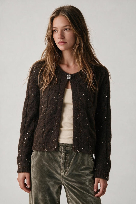 Brown Sequin Faux Mohair Cable Knit Button Cardigan - Cardigans