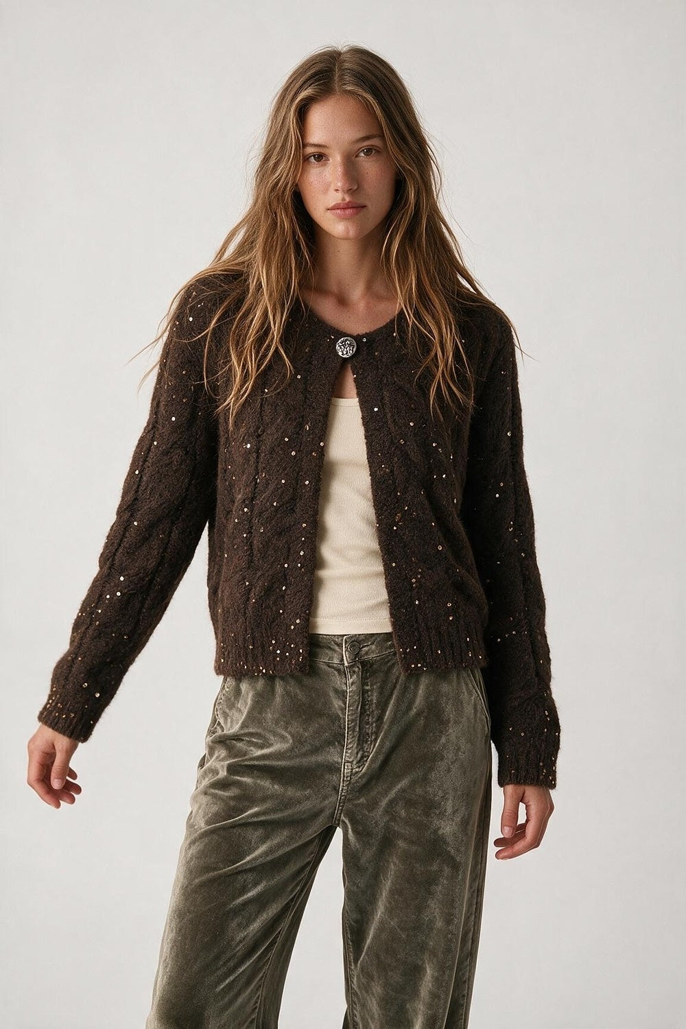 Brown Sequin Faux Mohair Cable Knit Button Cardigan - Cardigans