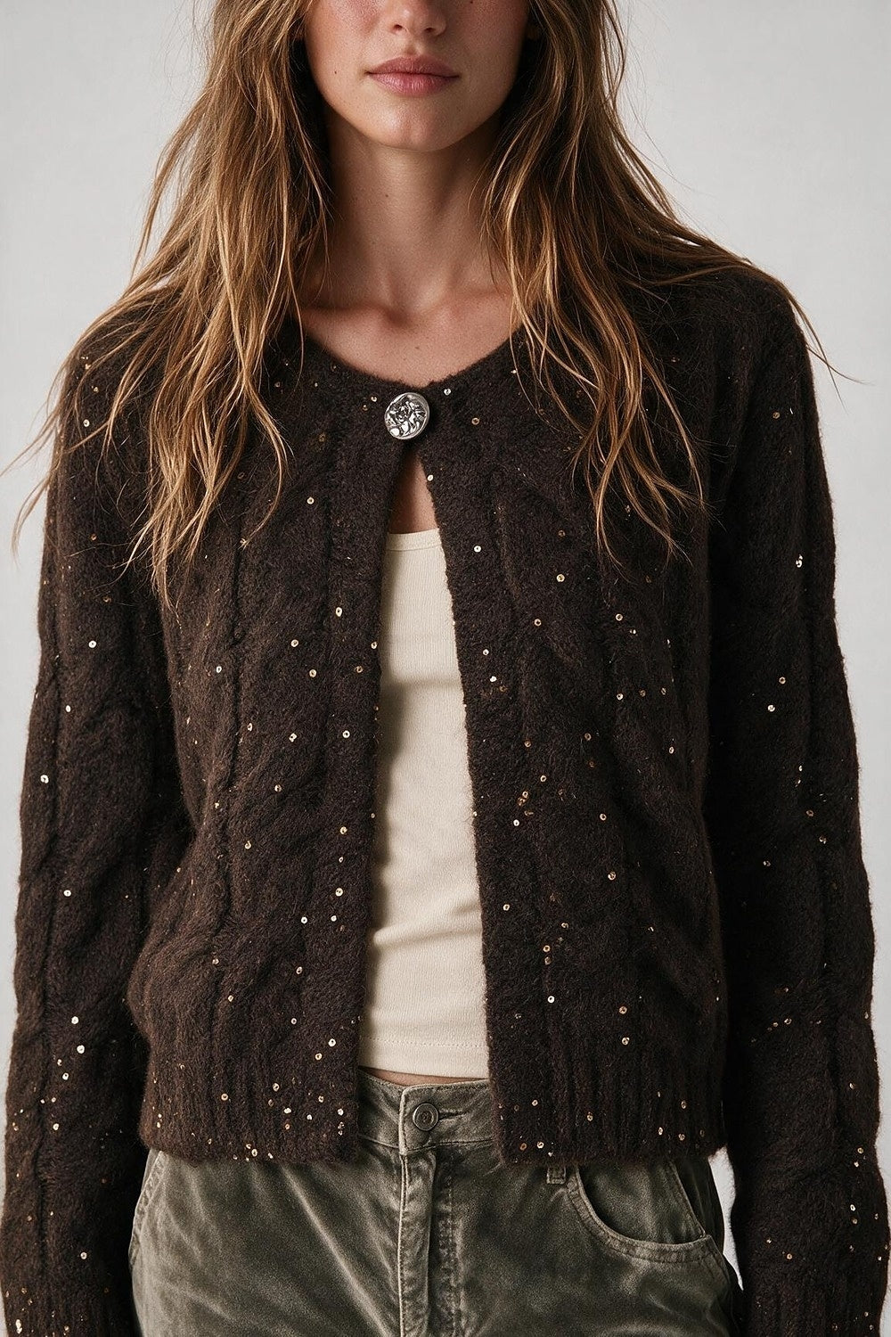 Brown Sequin Faux Mohair Cable Knit Button Cardigan - Cardigans