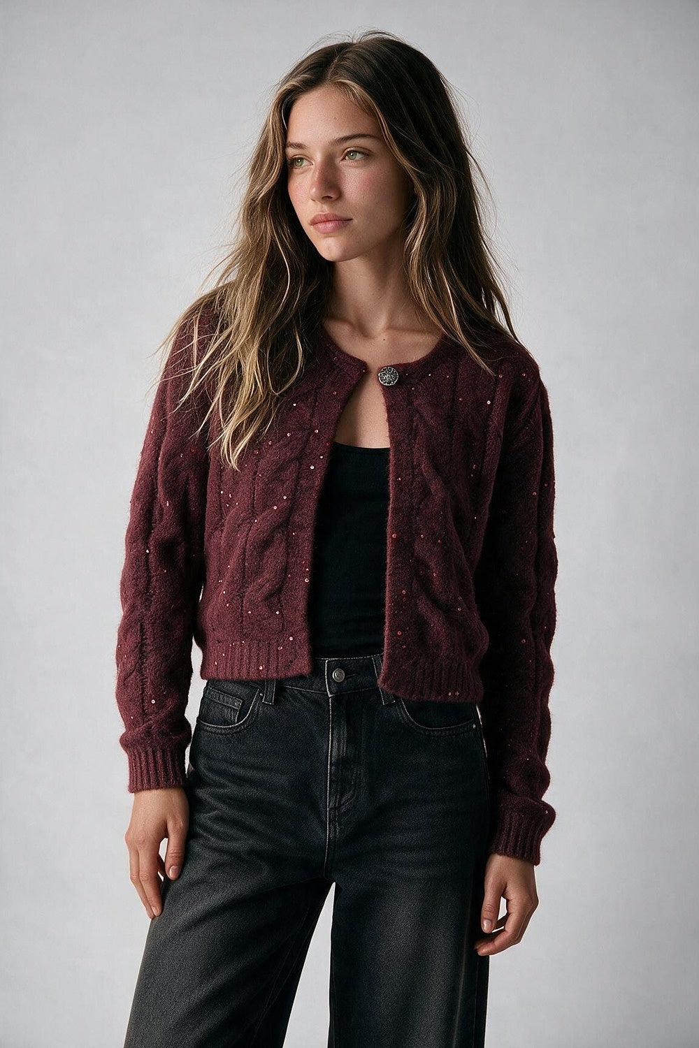Burgundy Cable Knit Sequin Button Front Cropped Cardigan - Cardigans
