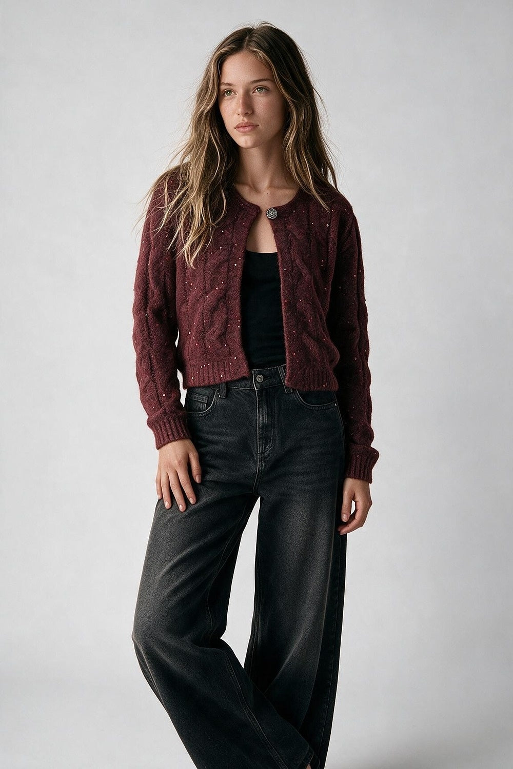 Burgundy Cable Knit Sequin Button Front Cropped Cardigan - Cardigans