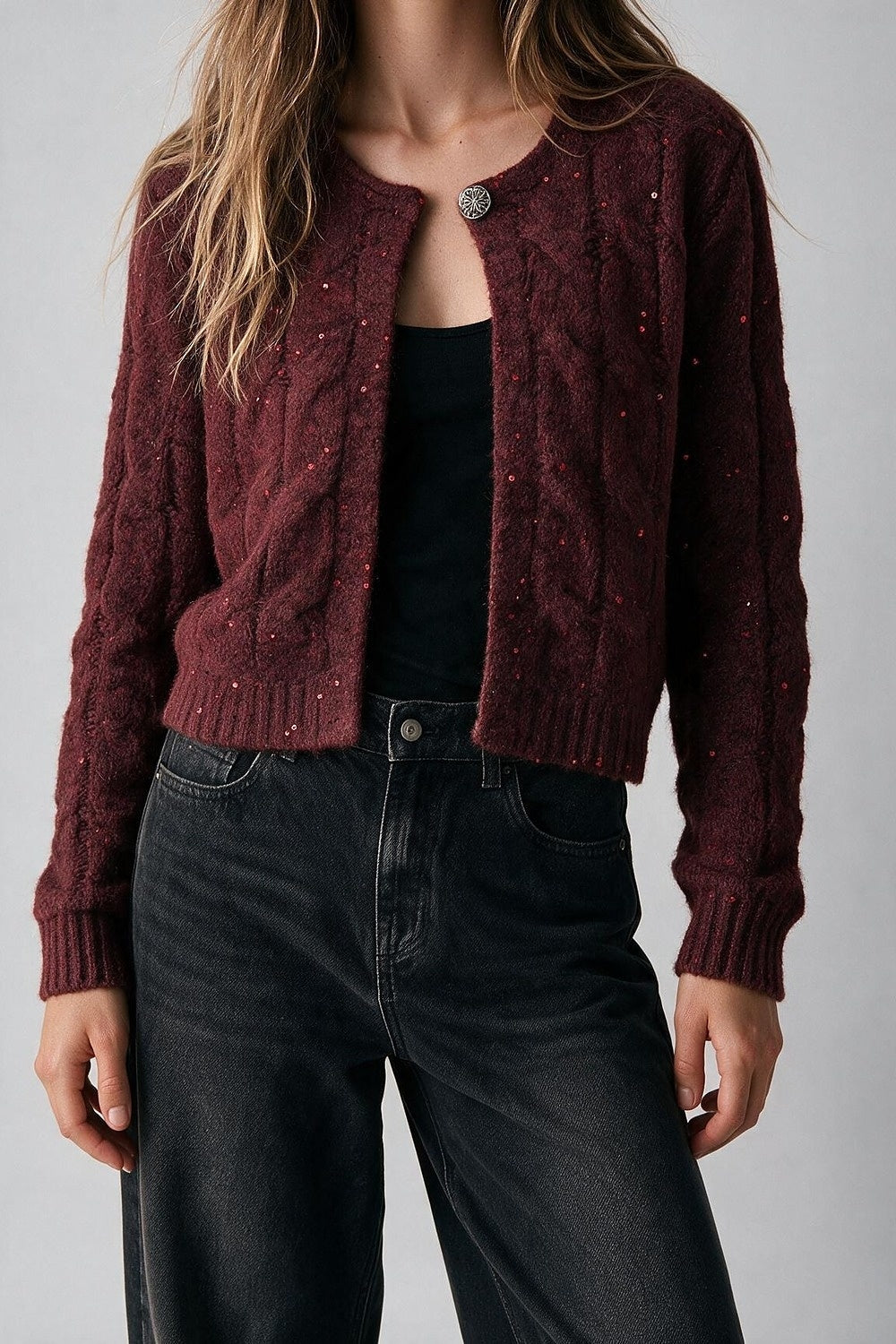 Burgundy Cable Knit Sequin Button Front Cropped Cardigan - Cardigans