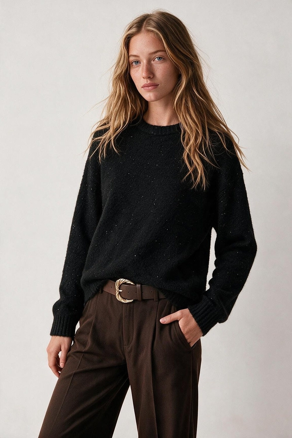 Black Brushed Knit Sequin Embellished Crew Neck Sweater - Jumpers