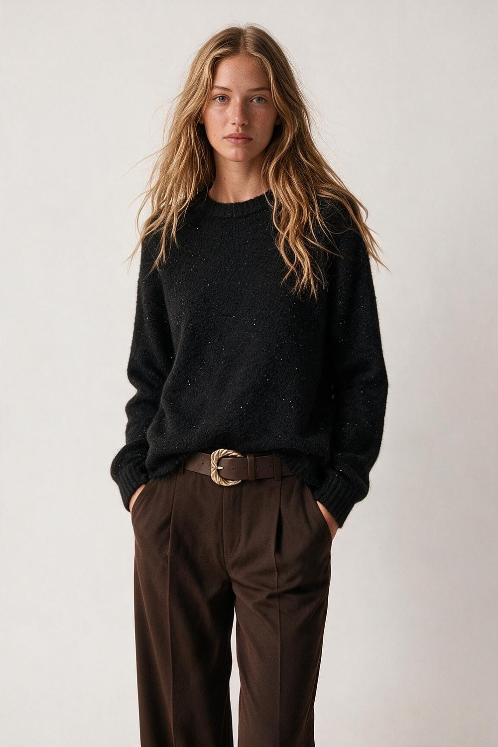 Black Brushed Knit Sequin Embellished Crew Neck Sweater - Jumpers