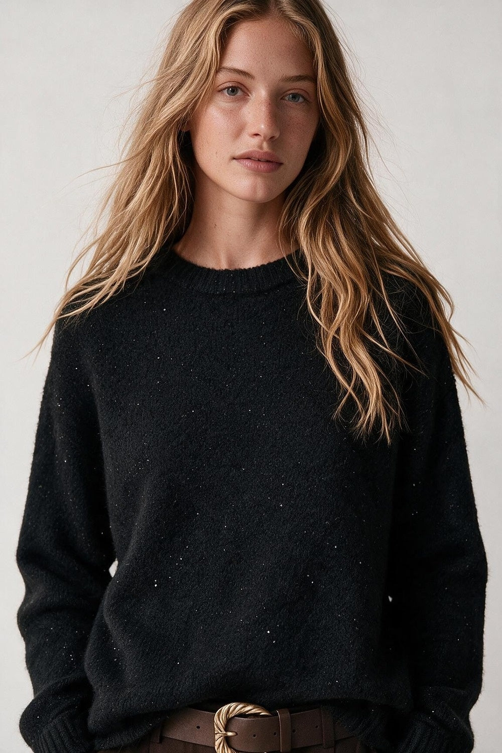 Black Brushed Knit Sequin Embellished Crew Neck Sweater - Jumpers