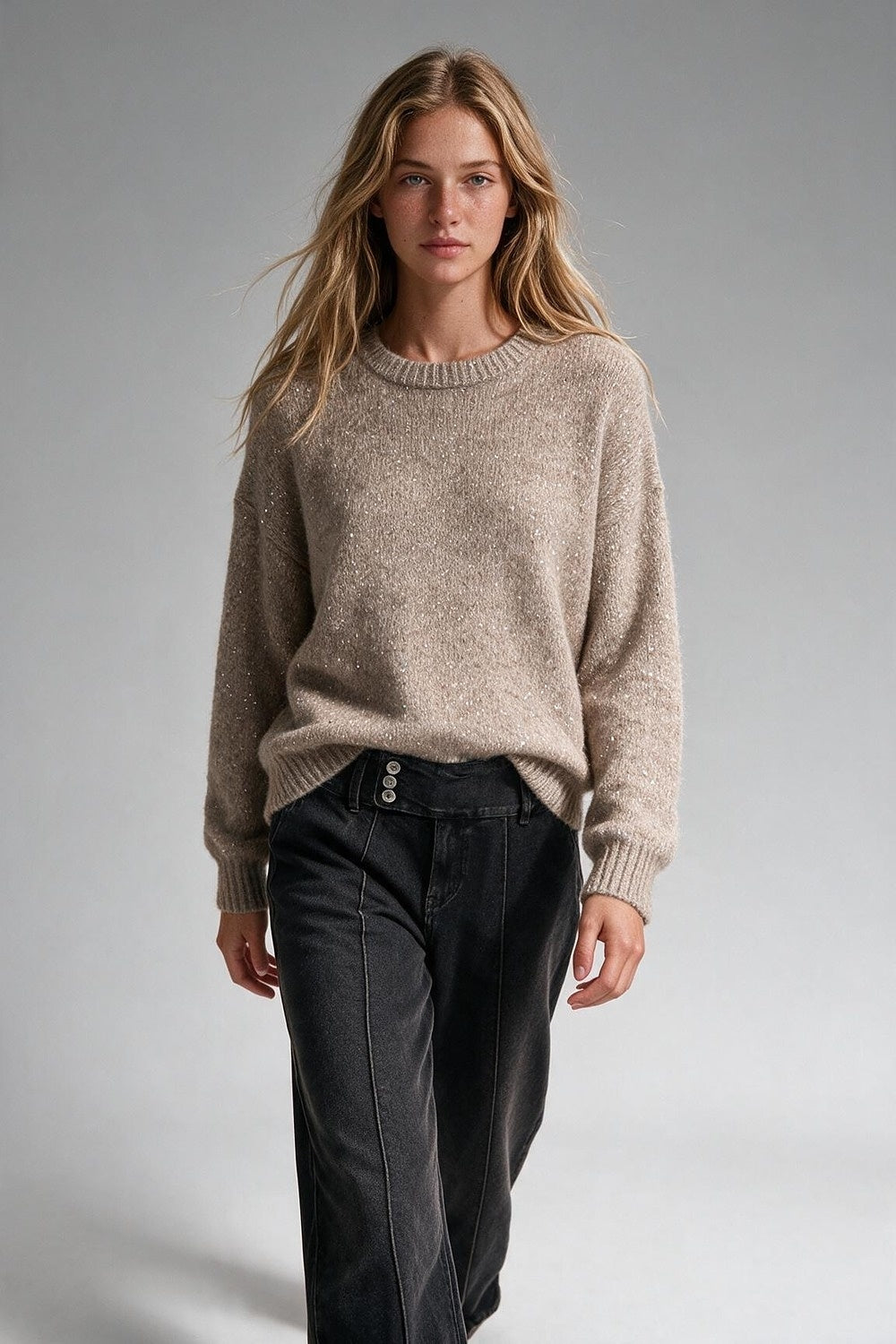 Beige Sequin Embellished Soft Knit Ribbed Crew Neck Sweater - Jumpers