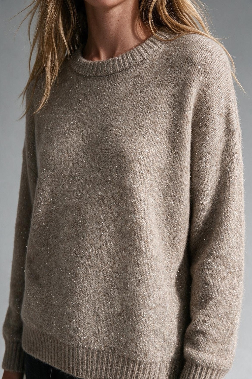 Beige Sequin Embellished Soft Knit Ribbed Crew Neck Sweater - Jumpers