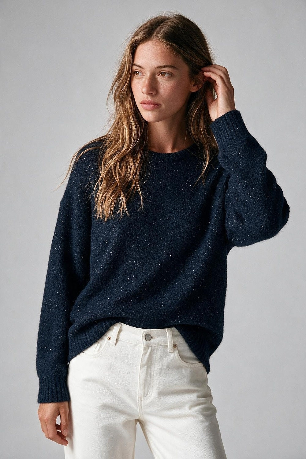 Navy Sequined Soft Knit Crew Neck Ribbed Trim Sweater - Jumpers