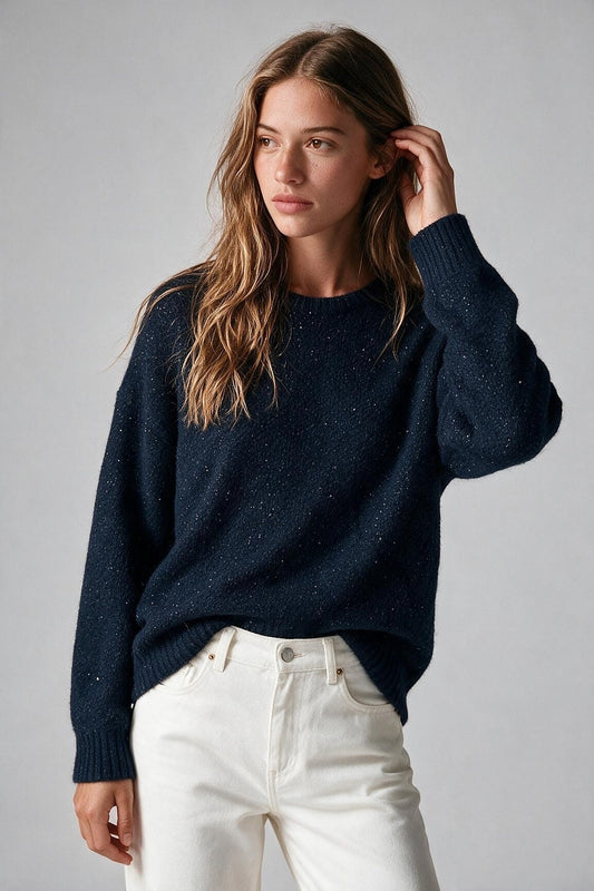 Navy Sequined Soft Knit Crew Neck Ribbed Trim Sweater - Jumpers