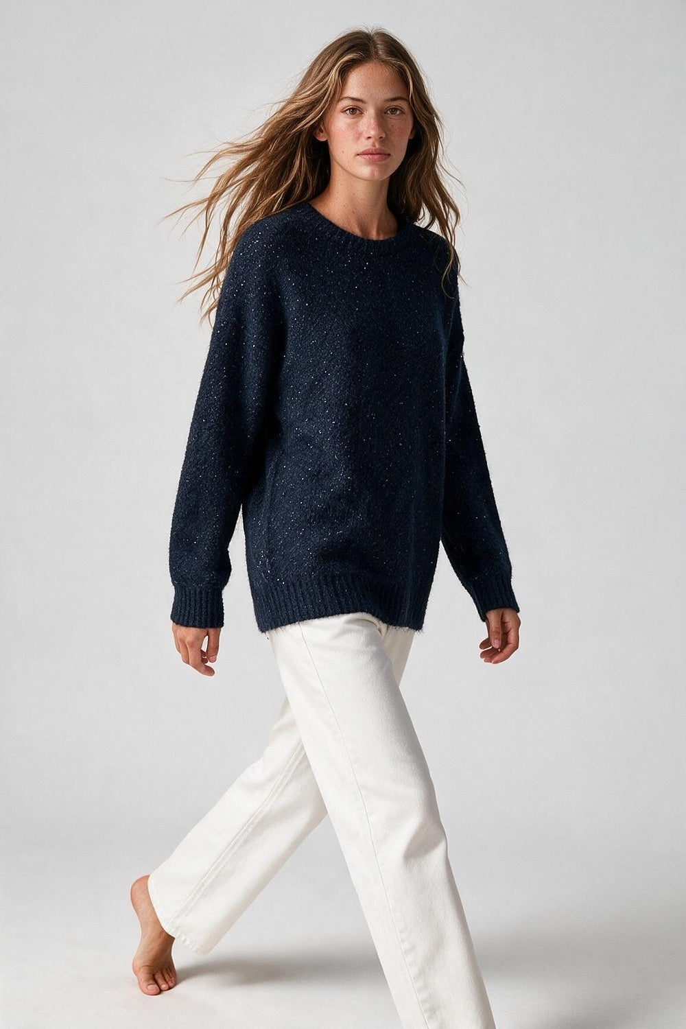 Navy Sequined Soft Knit Crew Neck Ribbed Trim Sweater - Jumpers