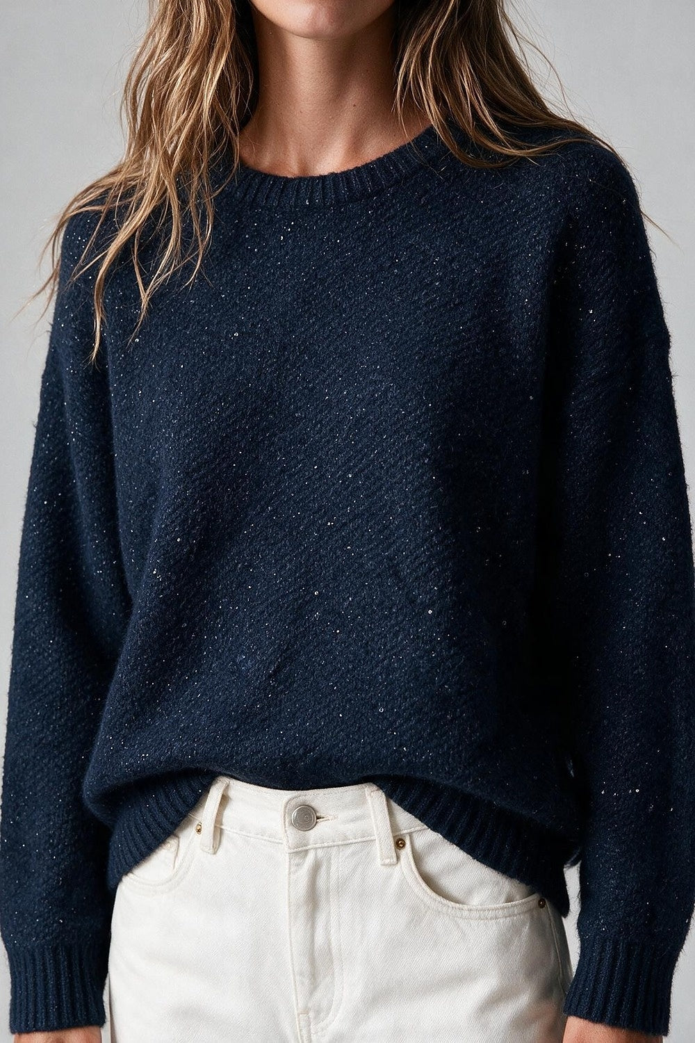 Navy Sequined Soft Knit Crew Neck Ribbed Trim Sweater - Jumpers