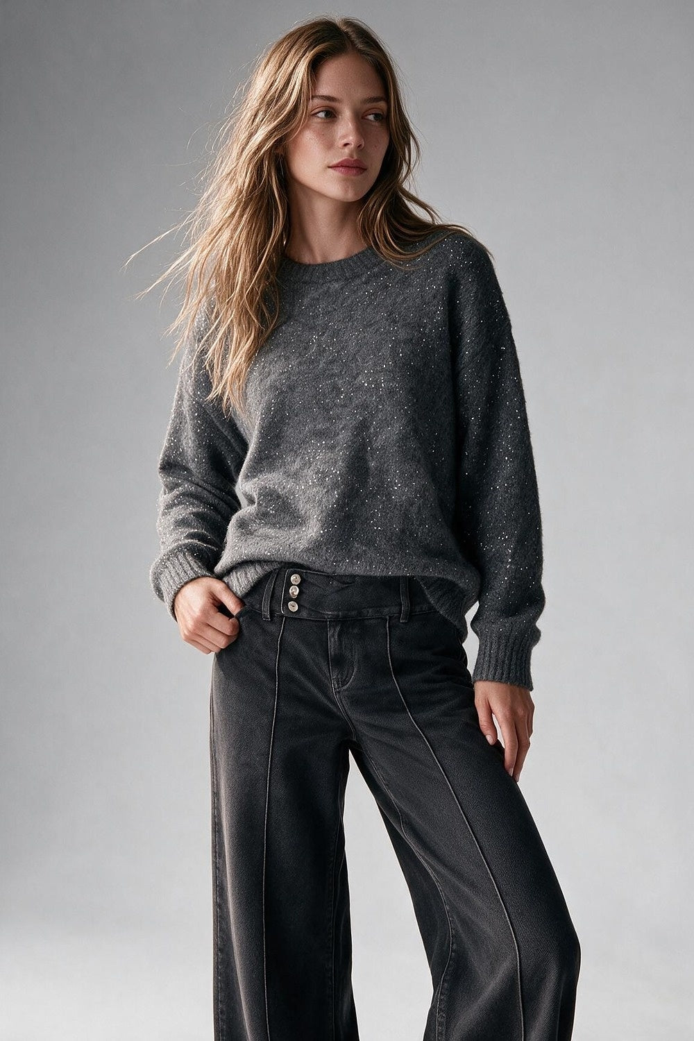 Grey Brushed Knit Sequin Crew Neck Sweater - Jumpers