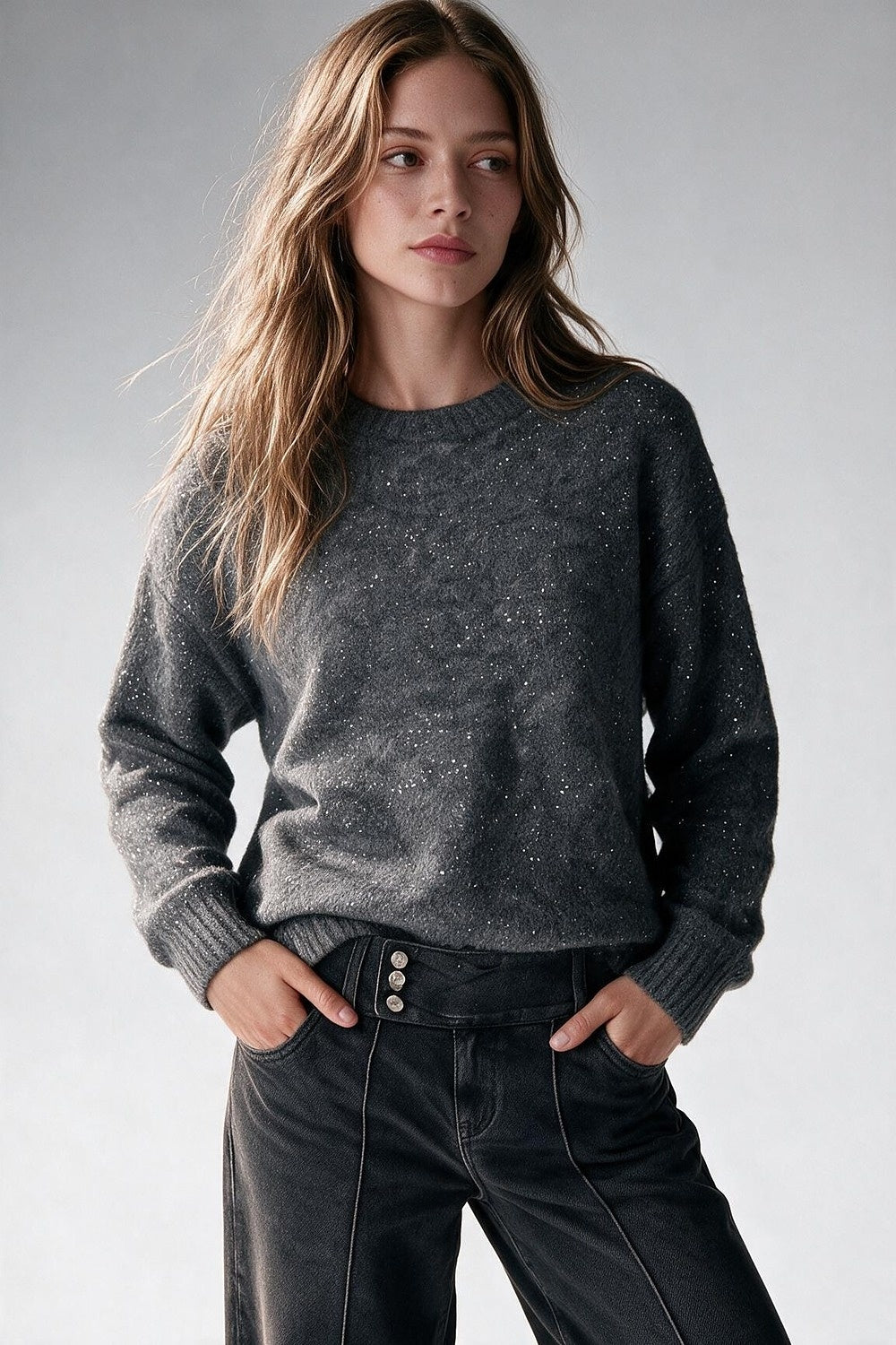 Grey Brushed Knit Sequin Crew Neck Sweater