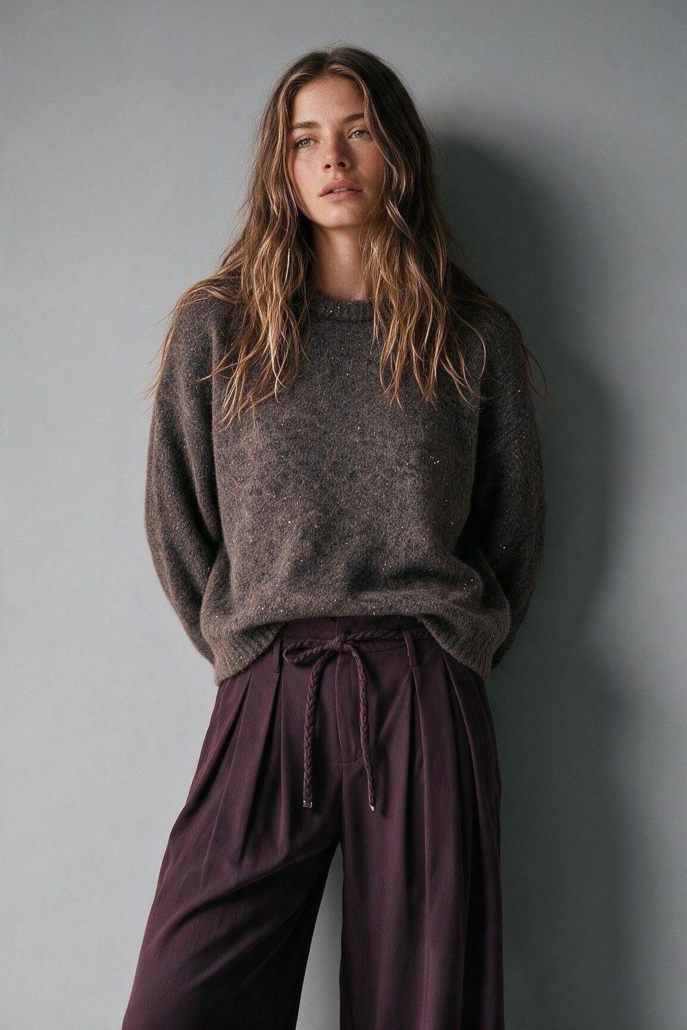 Brown Sequined Brushed Knit Crew Neck Oversize Sweater - Jumpers