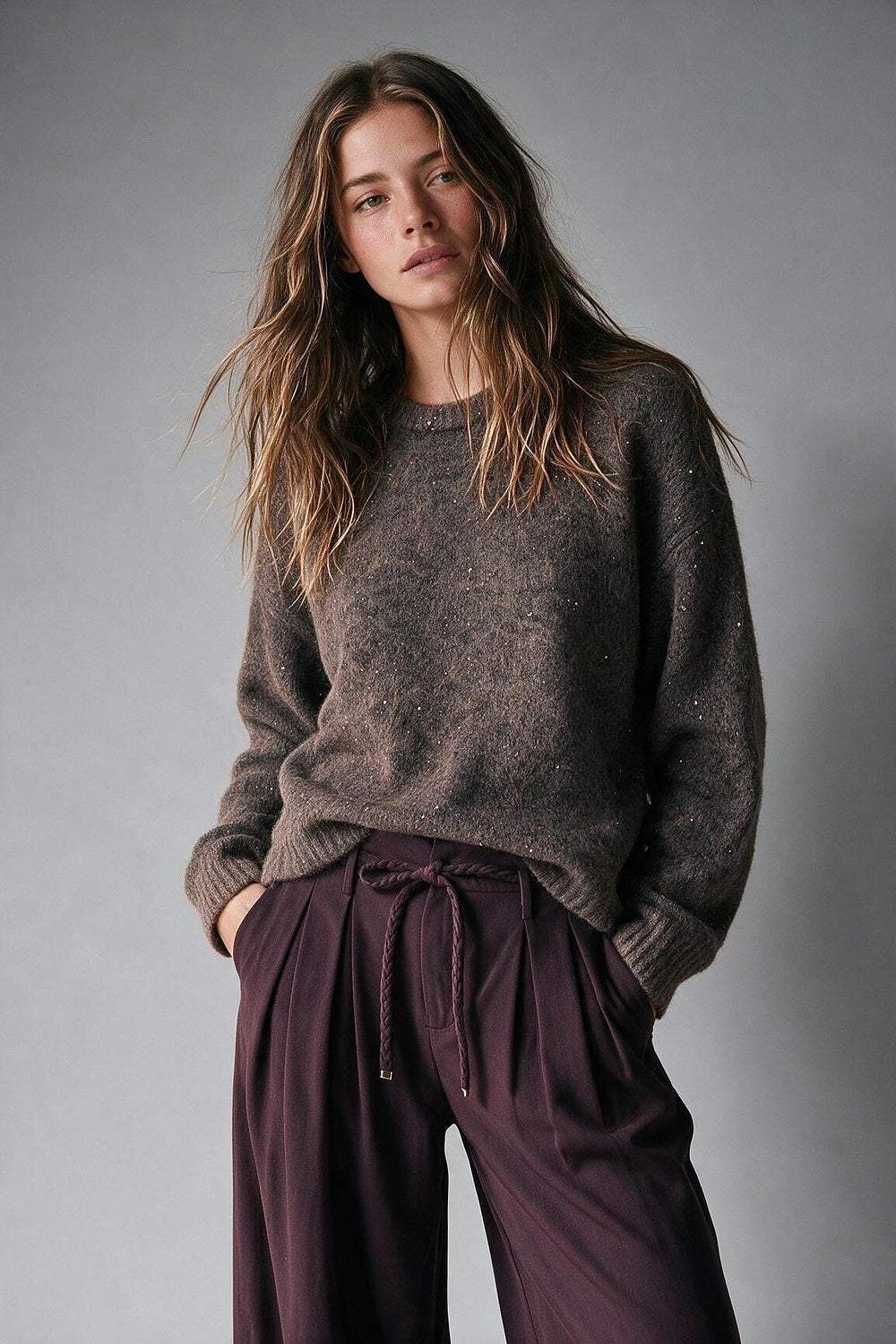 Brown Sequined Brushed Knit Crew Neck Oversize Sweater - Jumpers