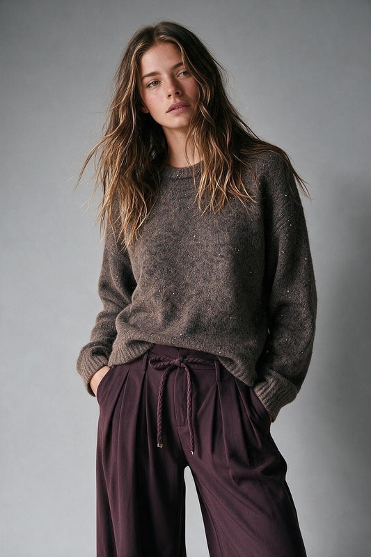 Brown Sequined Brushed Knit Crew Neck Oversize Sweater - Jumpers