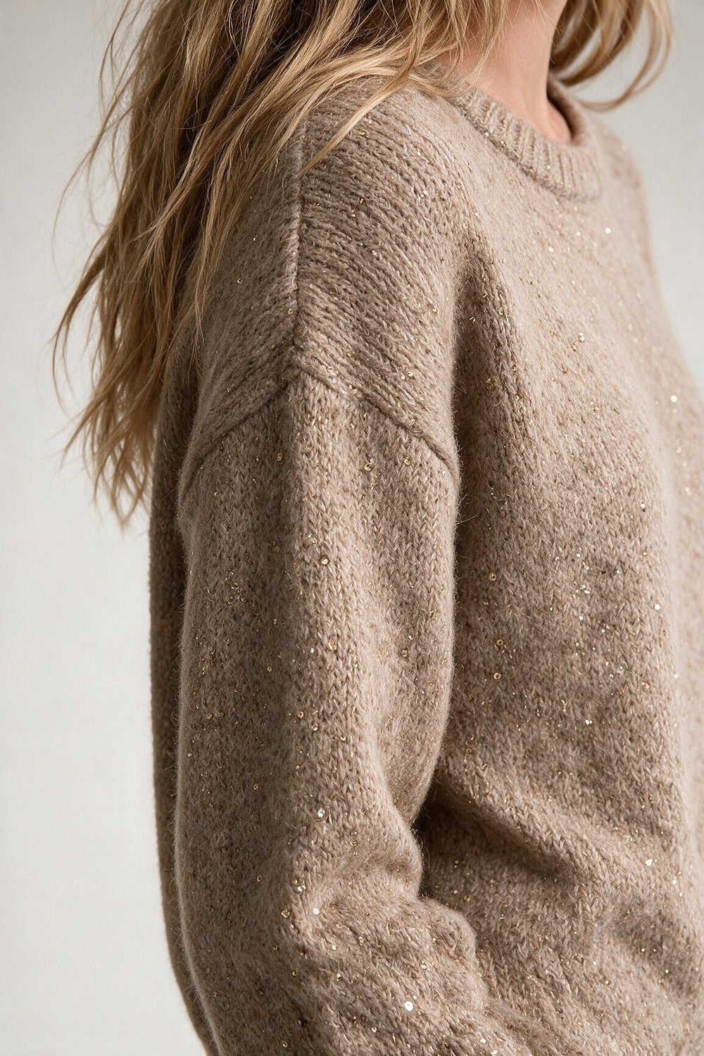 Beige Brushed Knit Sequined Crew Neck Ribbed Trim Sweater - Jumpers