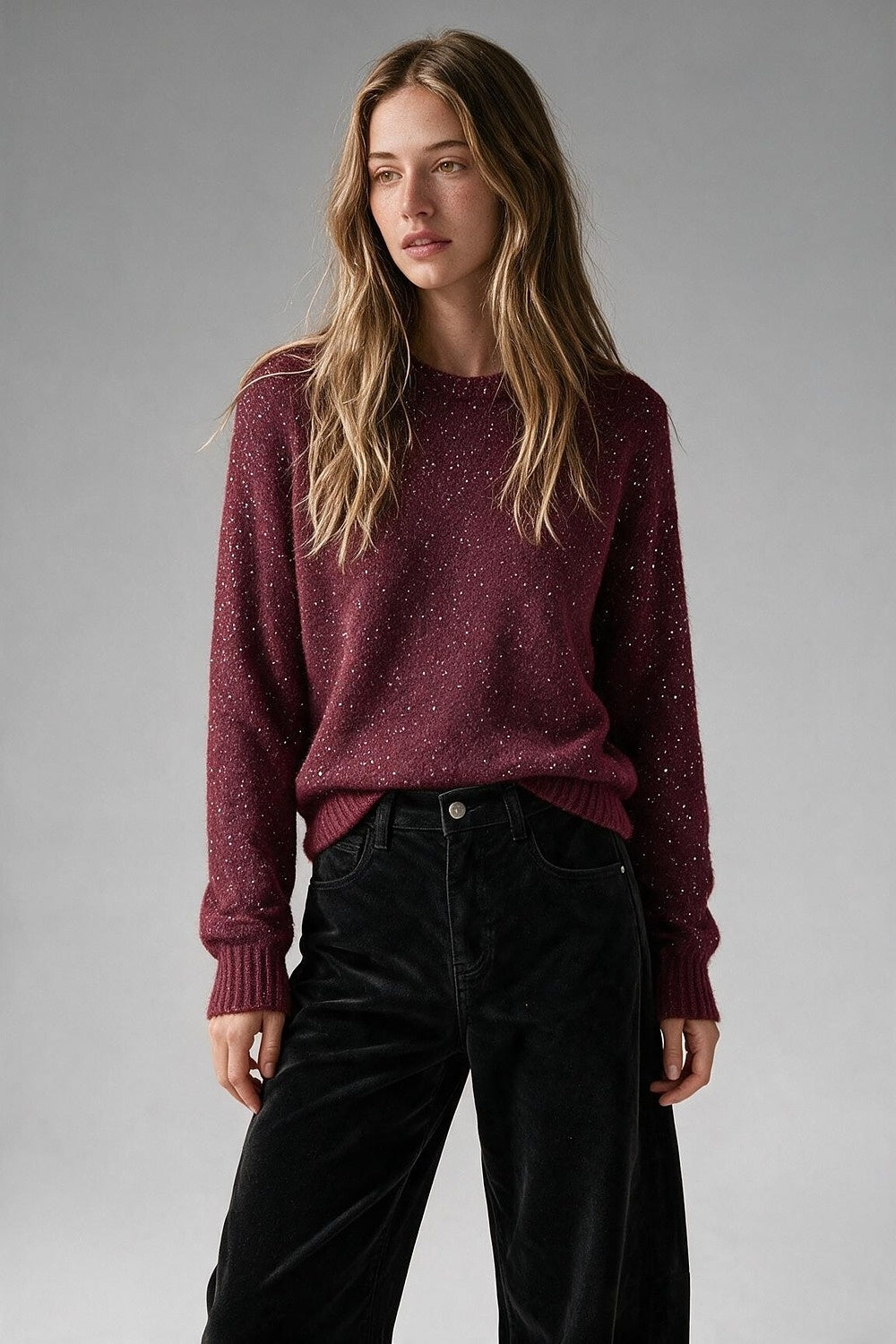 Wine Sequin Brushed Knit Ribbed Trim Crew Sweater - Jumpers