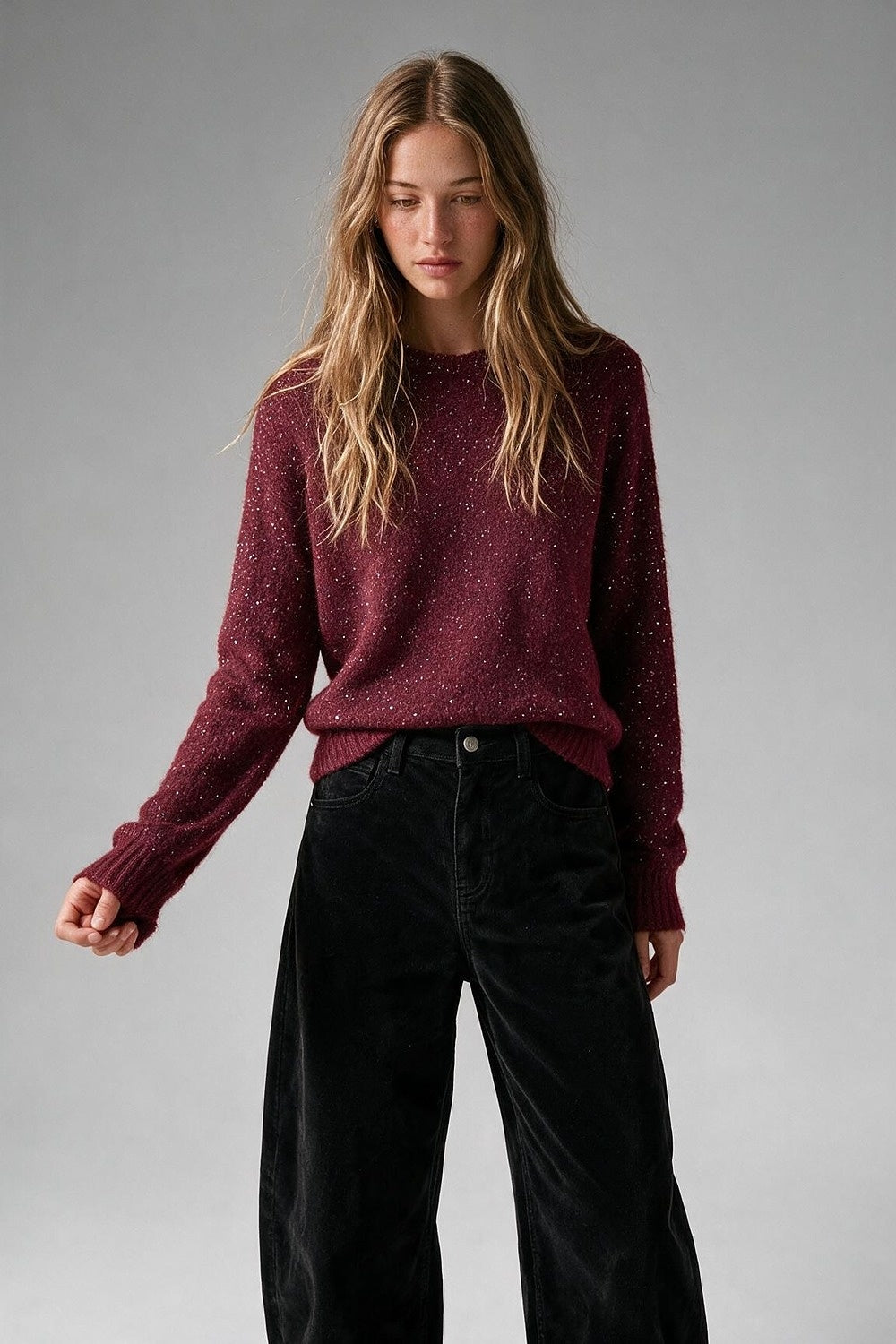 Wine Sequin Brushed Knit Ribbed Trim Crew Sweater - Jumpers