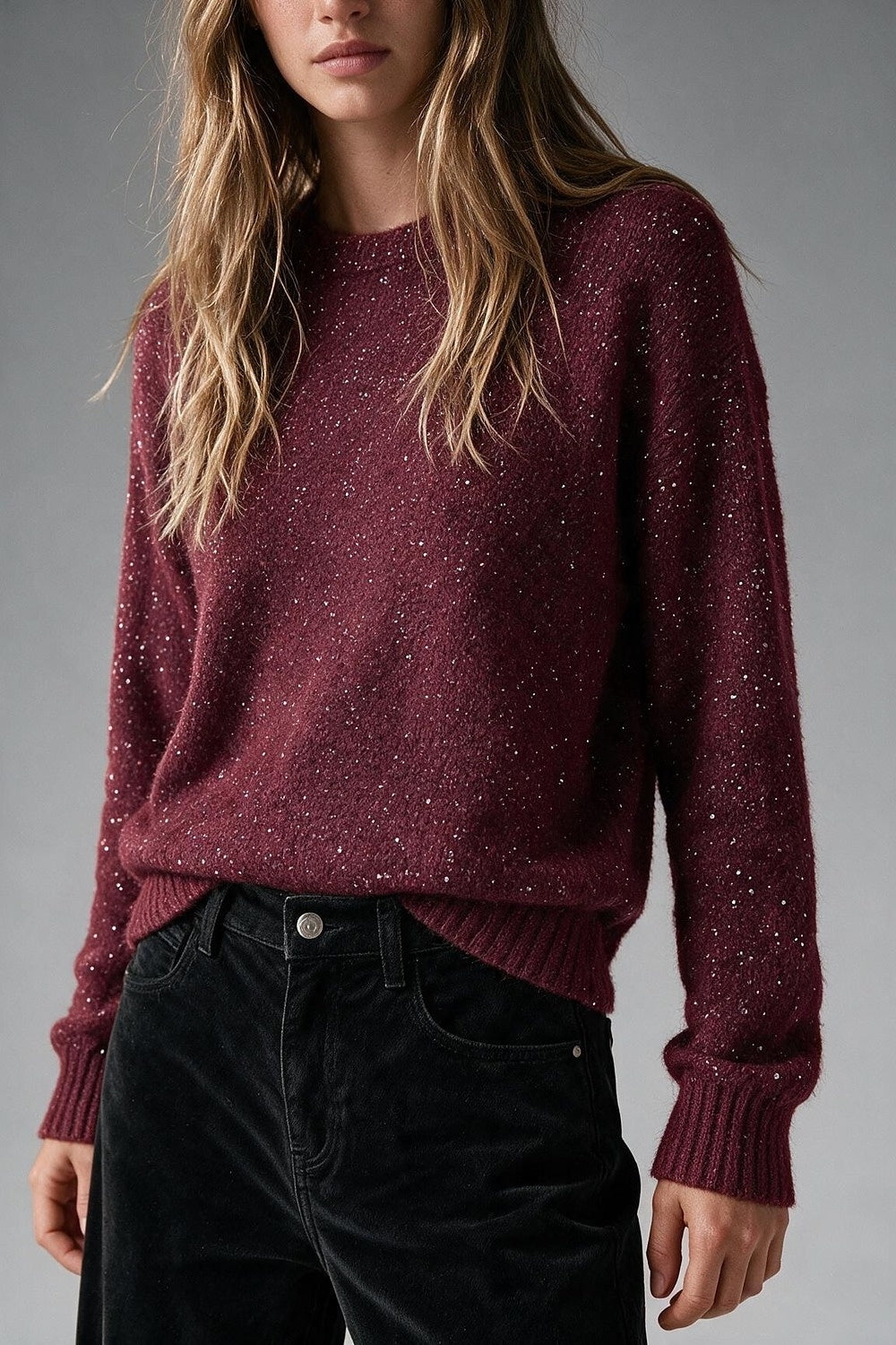 Wine Sequin Brushed Knit Ribbed Trim Crew Sweater - Jumpers