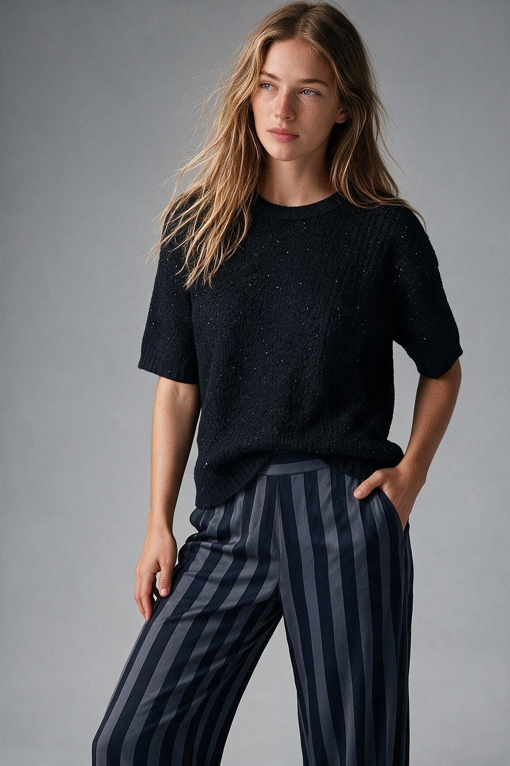 Black Sequined Soft Knit Dropped Shoulder Ribbed Trim Sweater