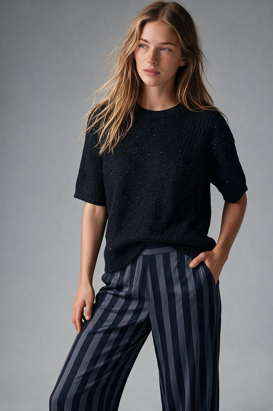 Black Sequined Soft Knit Dropped Shoulder Ribbed Trim Sweater - Jumpers