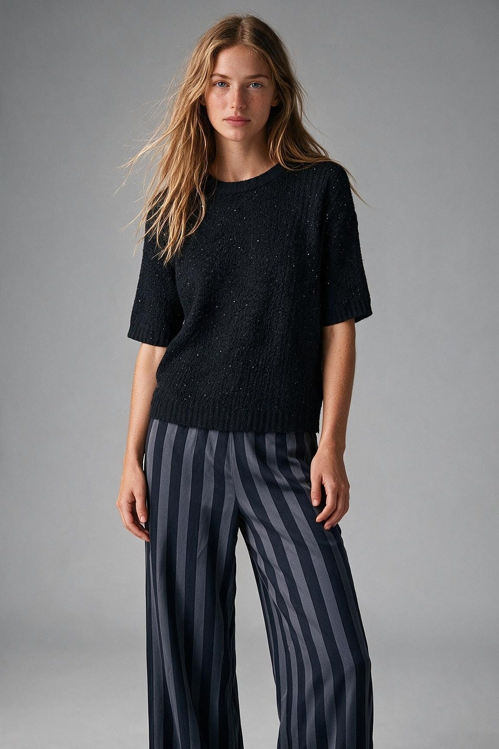 Black Sequined Soft Knit Dropped Shoulder Ribbed Trim Sweater - Jumpers