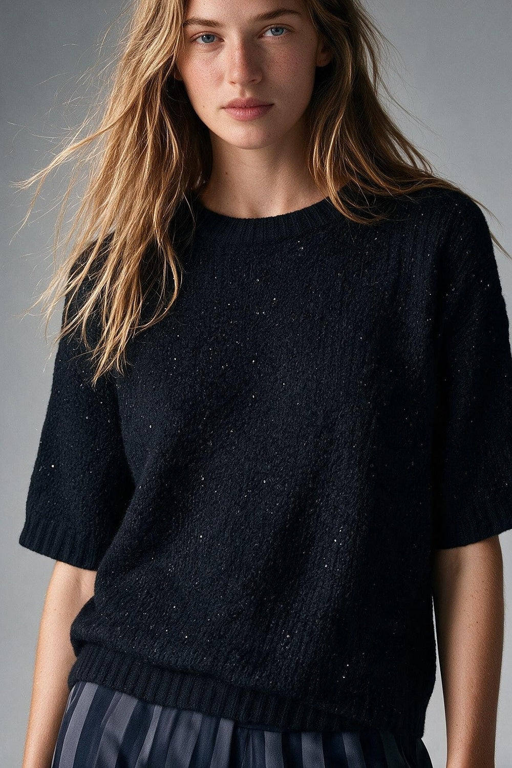 Black Sequined Soft Knit Dropped Shoulder Ribbed Trim Sweater - Jumpers