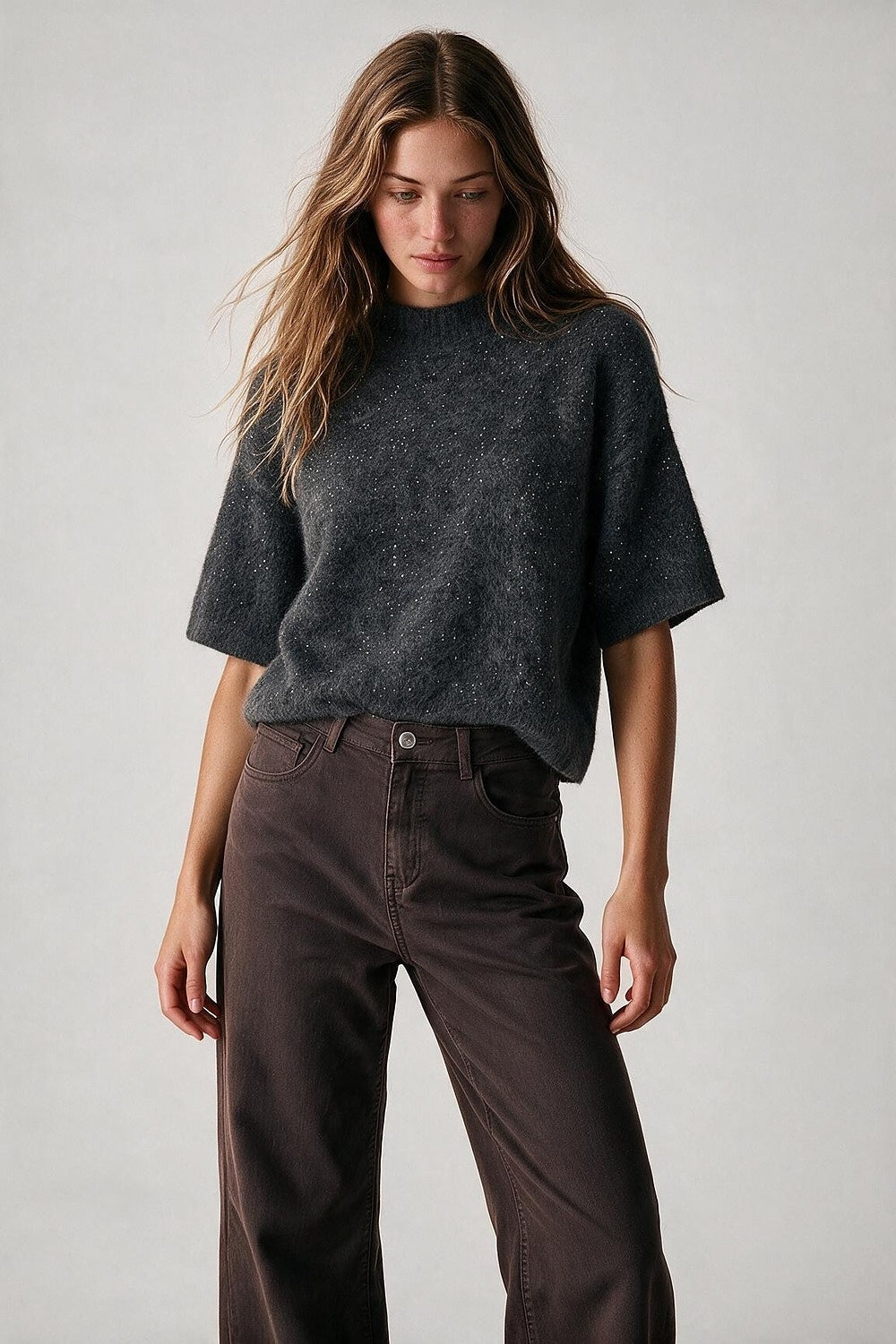 Charcoal Sequin Embellished Brushed Knit Mock Neck Dropped Shoulder Sweater - Jumpers