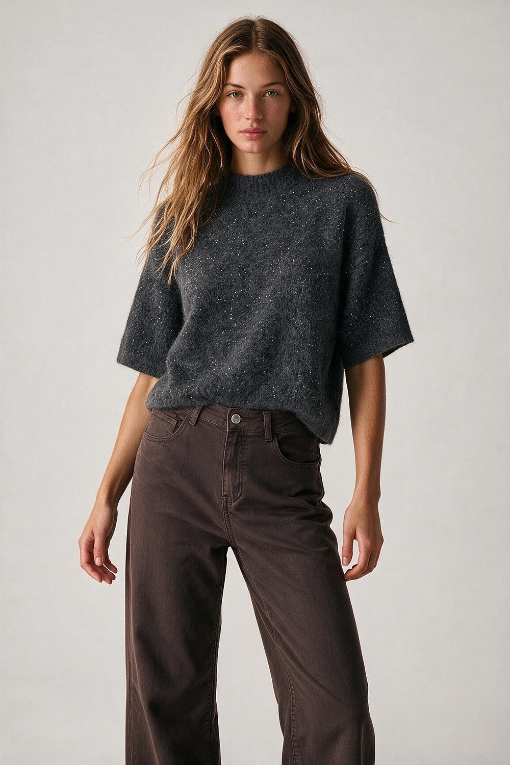 Charcoal Sequin Embellished Brushed Knit Mock Neck Dropped Shoulder Sweater - Jumpers