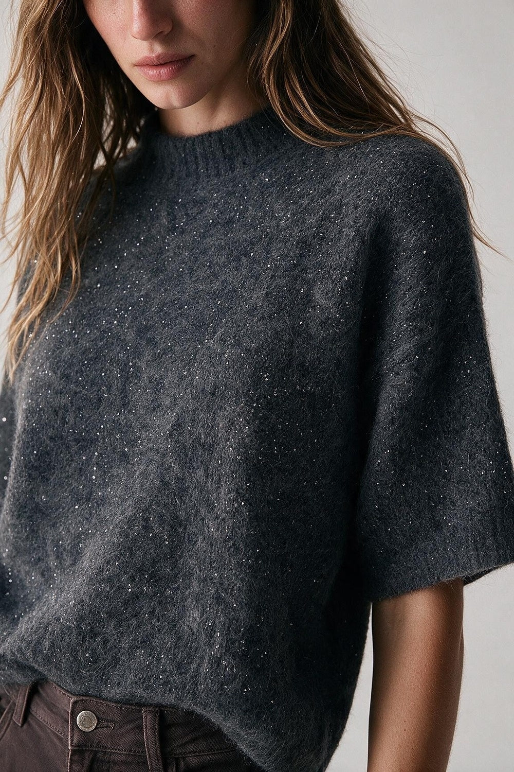 Charcoal Sequin Embellished Brushed Knit Mock Neck Dropped Shoulder Sweater - Jumpers