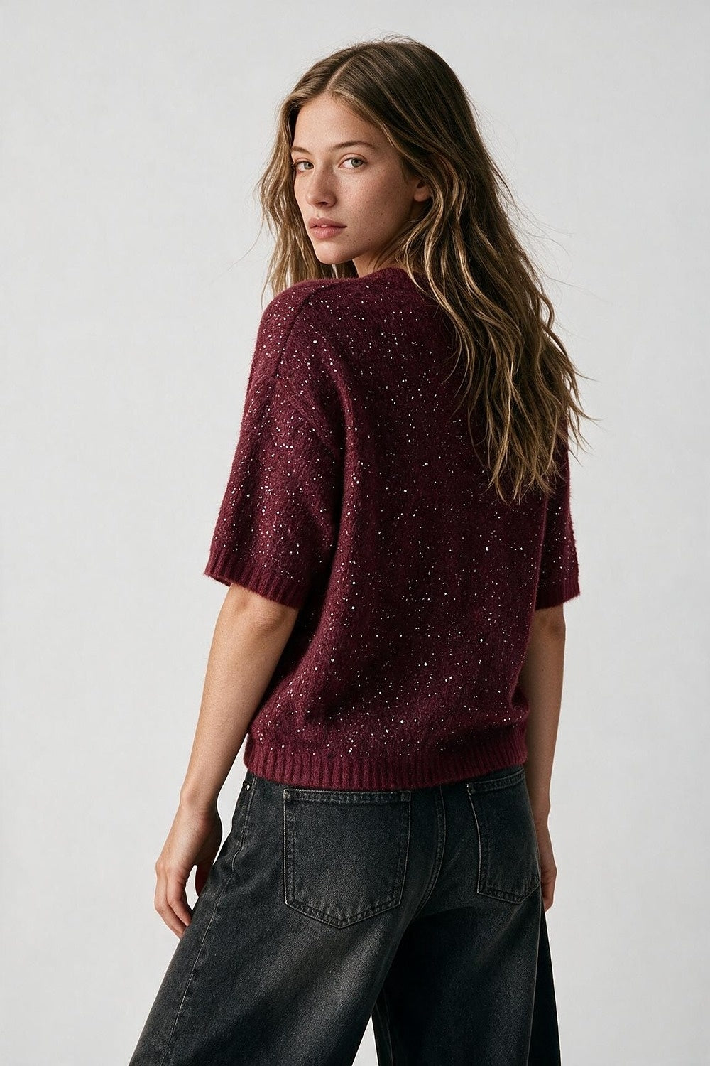 Burgundy Sequined Fluffy Knit Dropped Shoulder Sweater - Jumpers