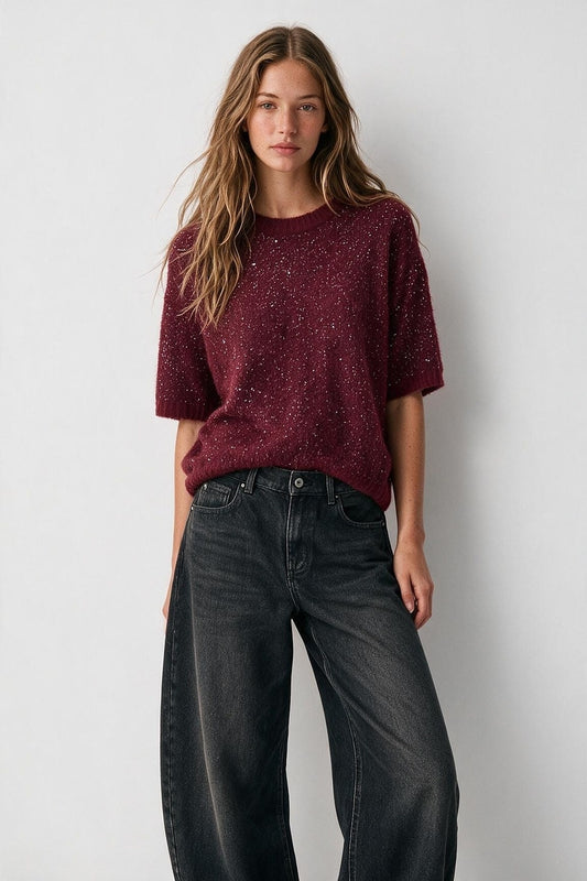 Burgundy Sequined Fluffy Knit Dropped Shoulder Sweater - Jumpers