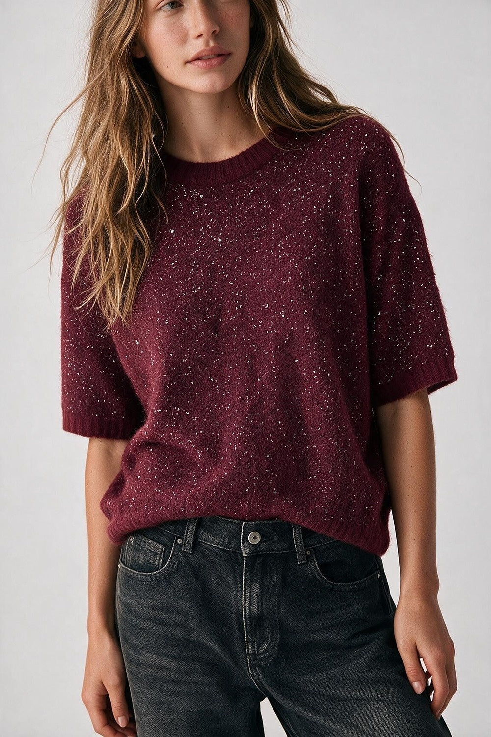 Burgundy Sequined Fluffy Knit Dropped Shoulder Sweater - Jumpers