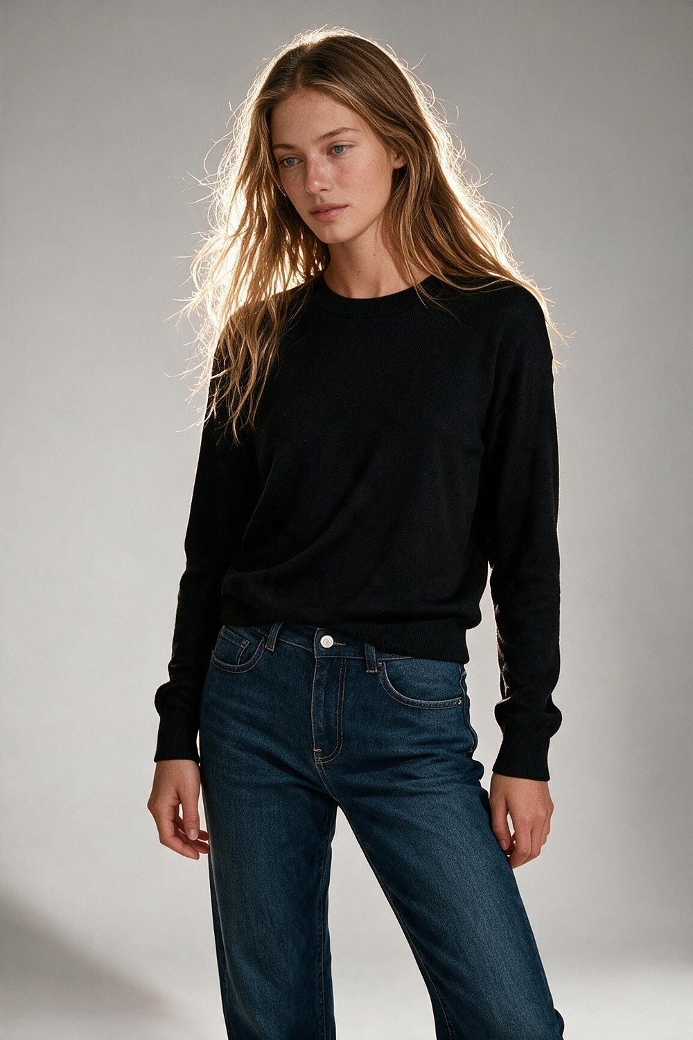 Black Merino Wool Blend Fine Knit Crew Neck Sweater - Jumpers