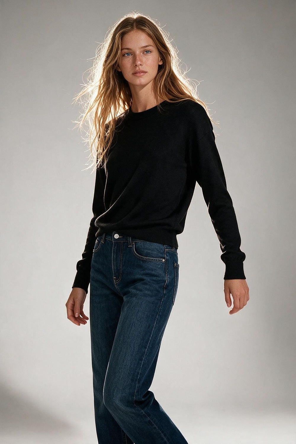 Black Merino Wool Blend Fine Knit Crew Neck Sweater - Jumpers