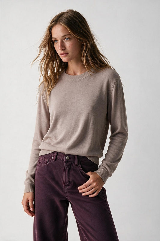 Merino Wool Blend Fine Knit Crew Neck Sweater in old pink color - Jumpers