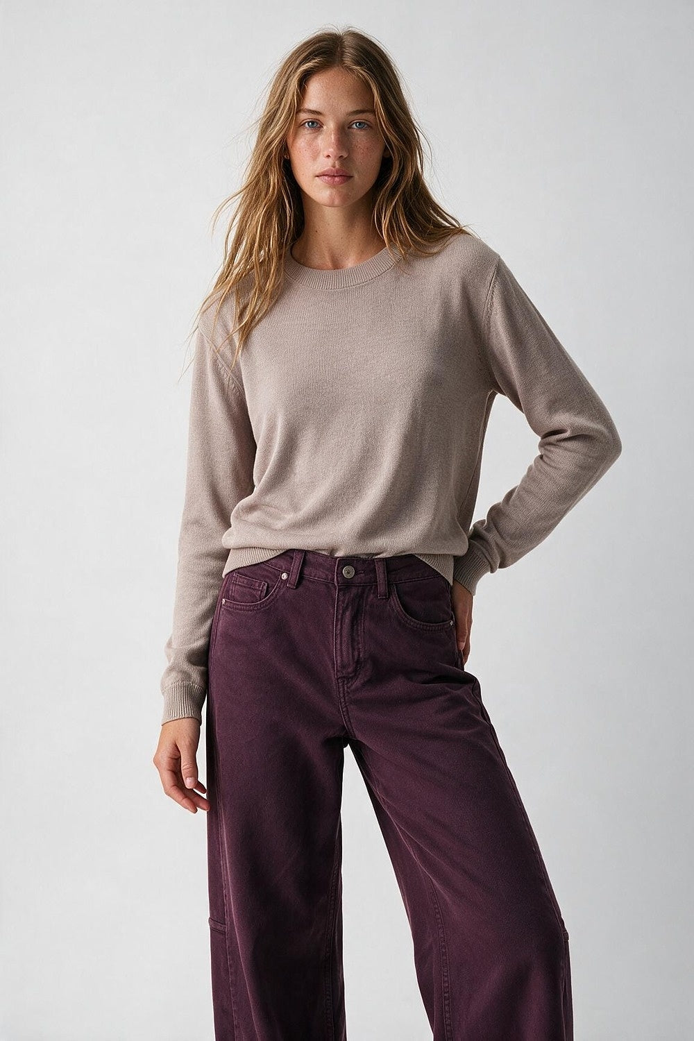 Merino Wool Blend Fine Knit Crew Neck Sweater in old pink color - Jumpers