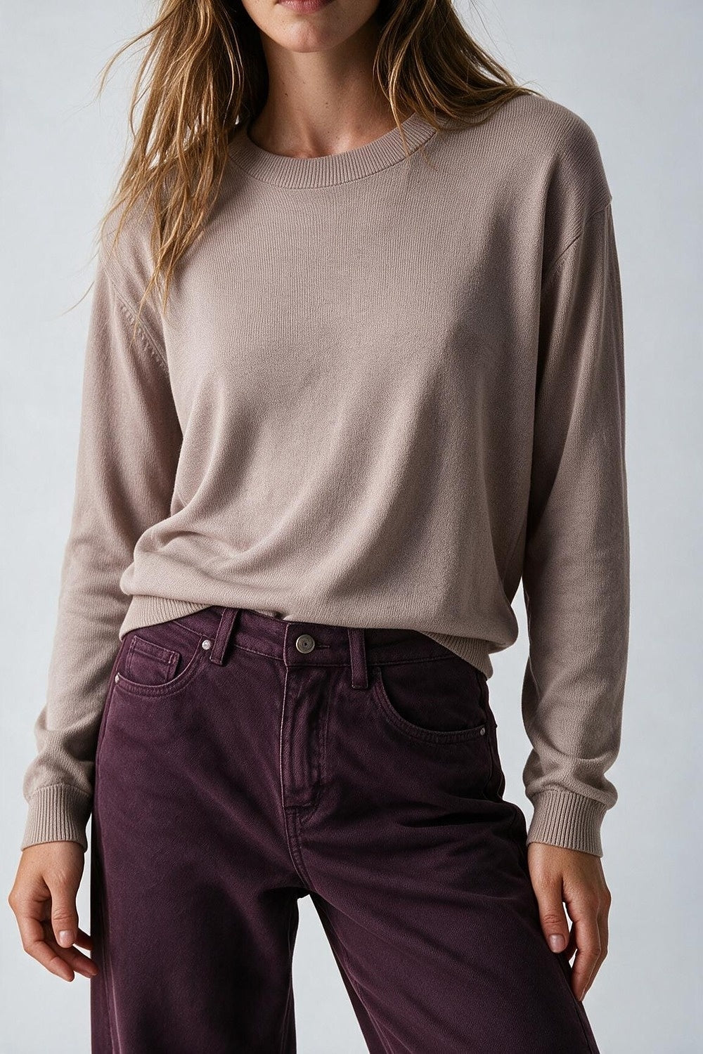 Merino Wool Blend Fine Knit Crew Neck Sweater in old pink color - Jumpers