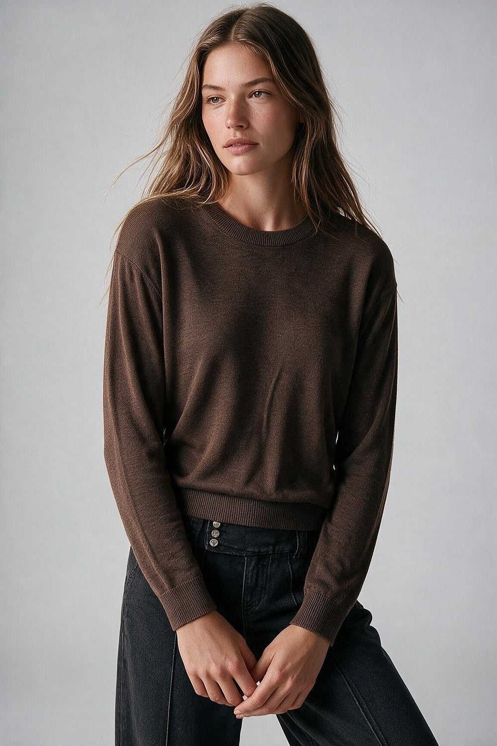 camel Merino Wool Blend Fine Knit Crew Neck Sweater - Jumpers