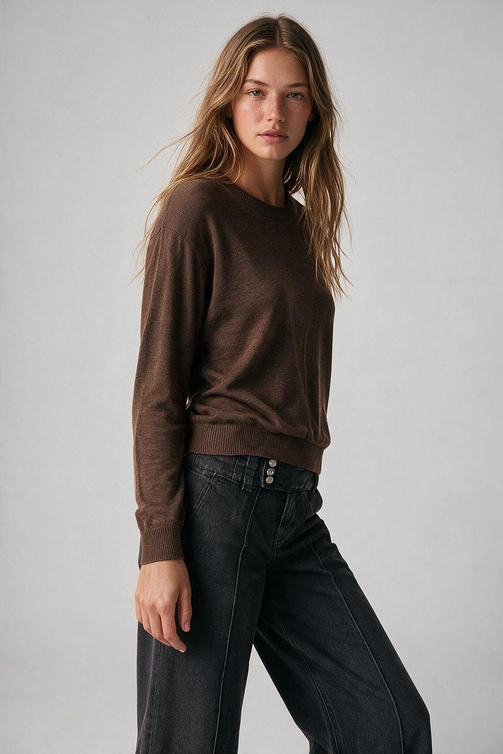 camel Merino Wool Blend Fine Knit Crew Neck Sweater - Jumpers