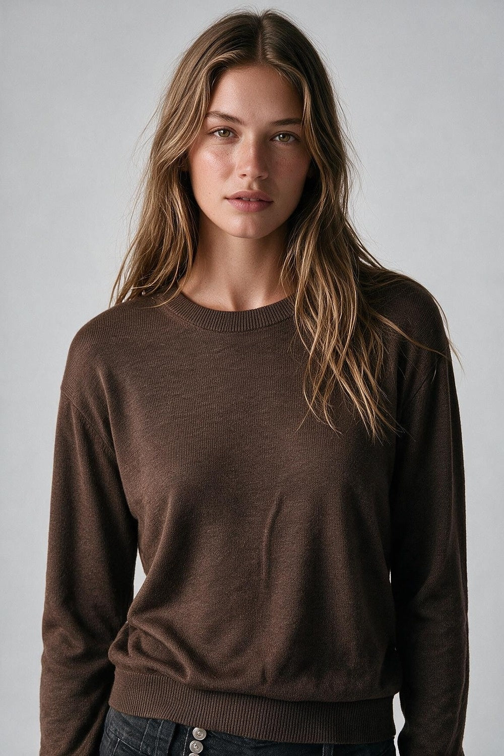 camel Merino Wool Blend Fine Knit Crew Neck Sweater - Jumpers