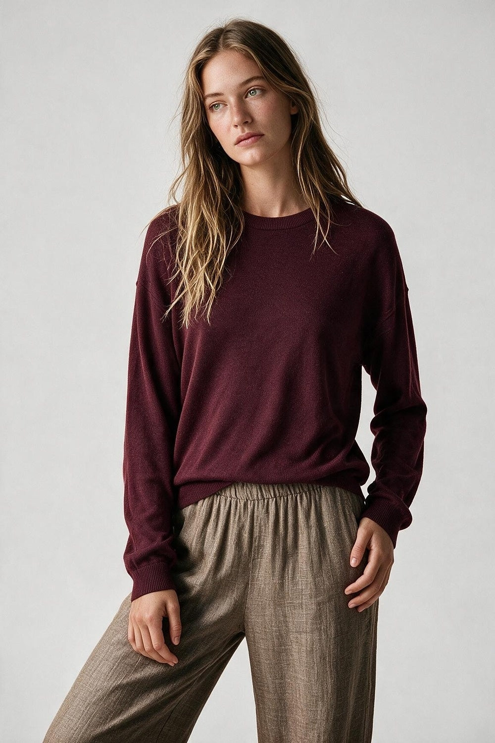 Burgundy Merino Wool Blend Fine Knit Crew Neck Sweater - Jumpers