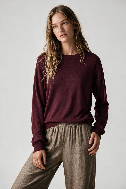 Burgundy Merino Wool Blend Fine Knit Crew Neck Sweater - Jumpers