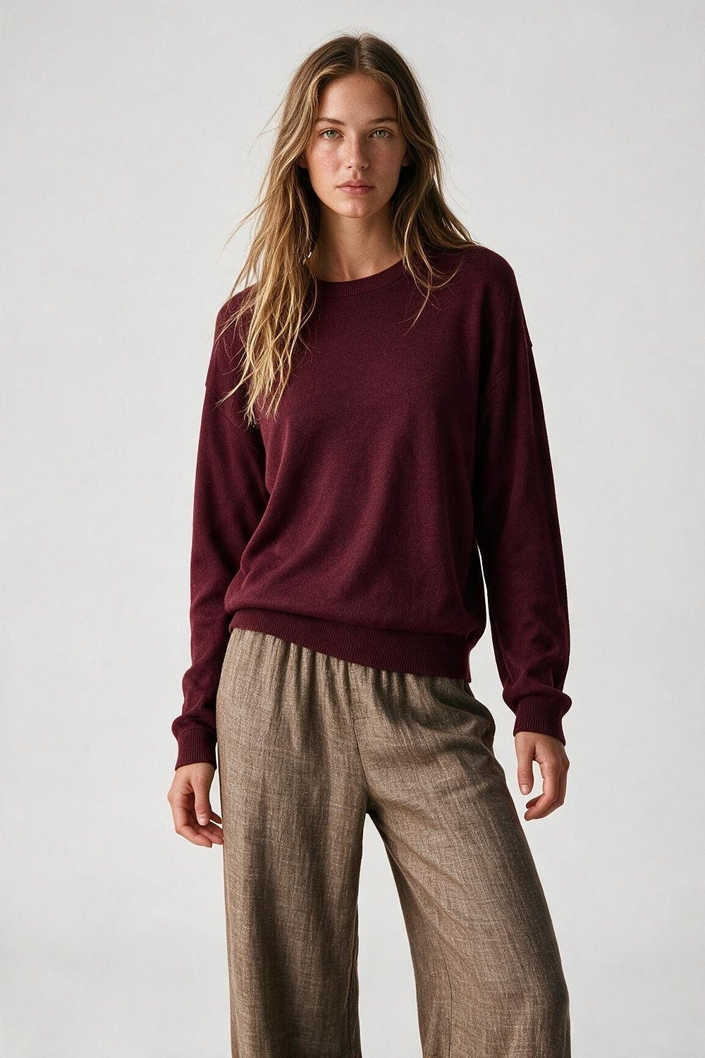 Burgundy Merino Wool Blend Fine Knit Crew Neck Sweater - Jumpers