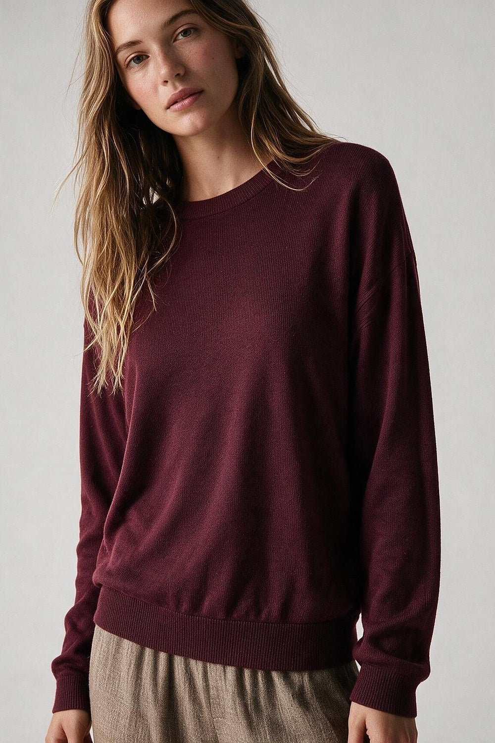 Burgundy Merino Wool Blend Fine Knit Crew Neck Sweater - Jumpers